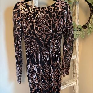 Premier Black Long-Sleeve Dress with Rose Gold Sequin Scrollwork